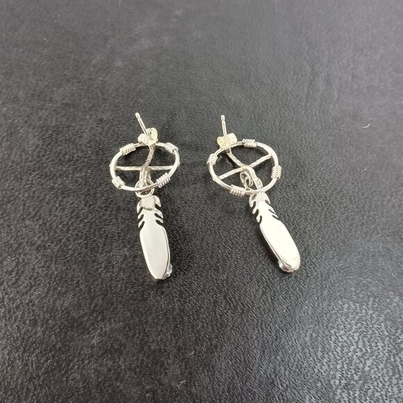 Native America Navajo Sterling Silver Turquoise Post / Dangling Feather Earrings - Picture 4 of 7